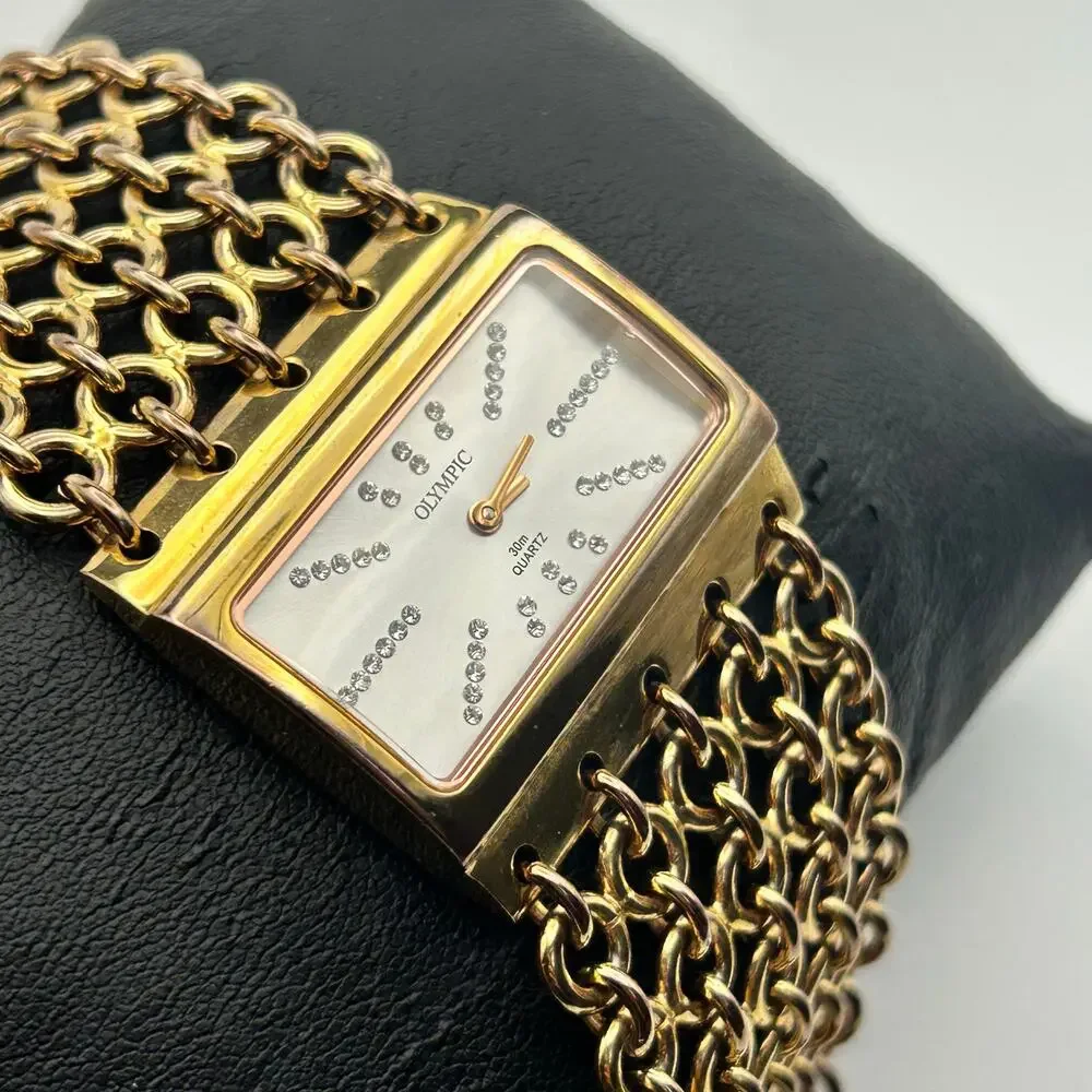 Olympic Gold Tone Crystal Accents Women’s Watch Working New Battery